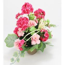 Wiązanka STROIK sztuczne PELARGONIE RÓŻOWE + mix kwiatów premium